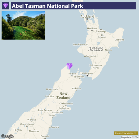 Map of New Zealand showing the location of Abel Tasman National Park at the top of the South Island near Nelson, with a small inset aerial photo of the park's green landscape and a kayak on a river.