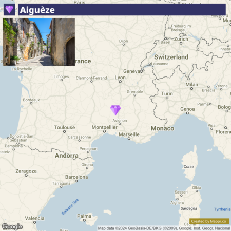 A screenshot of a map highlighting the location of Aiguèze in the south of France, with a photo inset at the upper left corner showing a street view of the village.