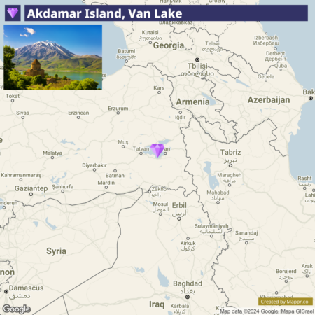 Map showing the location of Akdamar Island in Van Lake, situated in the eastern part of Turkey, with nearby countries such as Armenia, Iran, and a part of Azerbaijan. A small inset image at the top left corner shows a scenic view of Akdamar Island with a historic church surrounded by greenery and a mountain in the background.