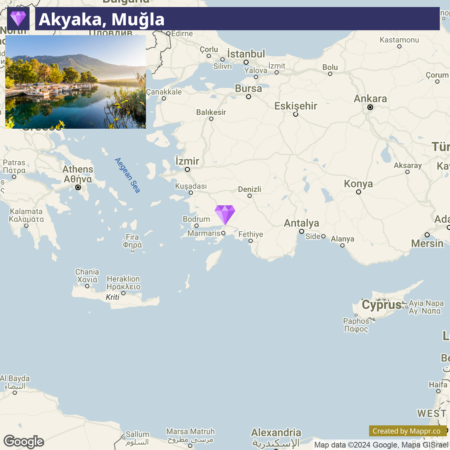 A map highlighting the location of Akyaka, Muğla in Turkey, with an inset picture of a scenic view of Akyaka at the top.