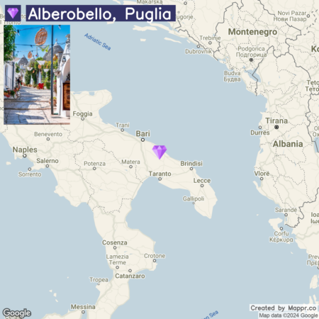 A map highlighting the location of Alberobello in the Puglia region of Italy, with an inset picture showing a picturesque street in Alberobello.