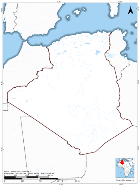 Blank map of Algeria showing borders and no labels, in color.