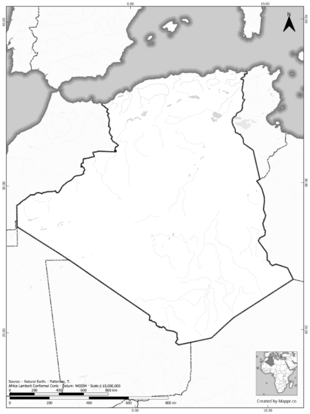 Blank black and white map of Algeria with borders and no labels.