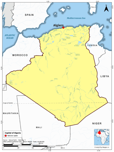 Map highlighting Algiers, the capital of Algeria, with country borders, in color.