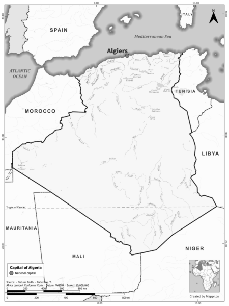 Black and white map highlighting Algiers, the capital of Algeria.