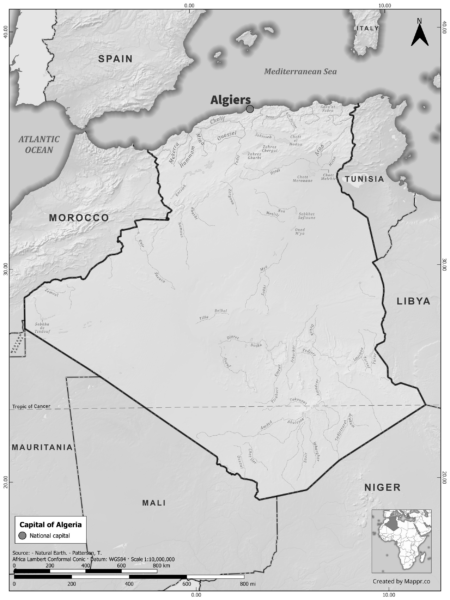 Black and white map of Algeria highlighting Algiers as the capital, with neighboring countries.
