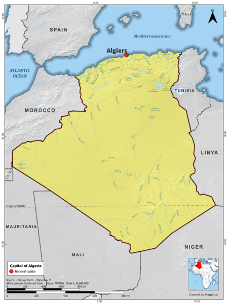 Map highlighting Algiers, the capital of Algeria, with surrounding countries and geographical features, in color.