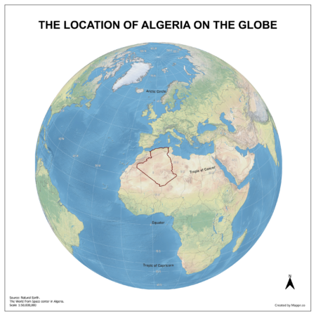Map showing Algeria's location on a globe, highlighted in red on the African continent.