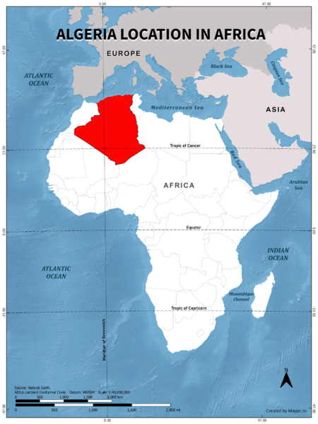 Algeria location on world map, color version.