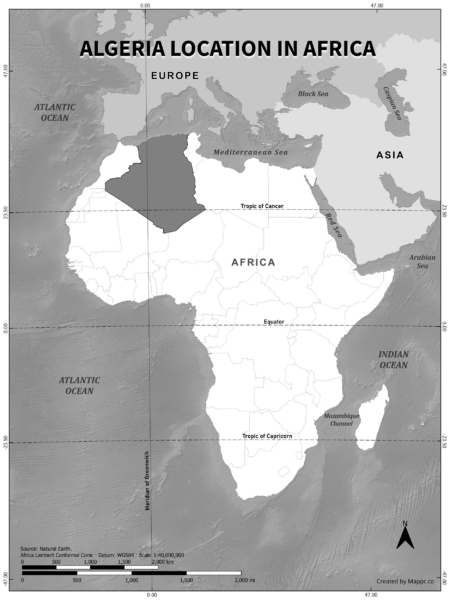 Algeria location on world map, black and white version.