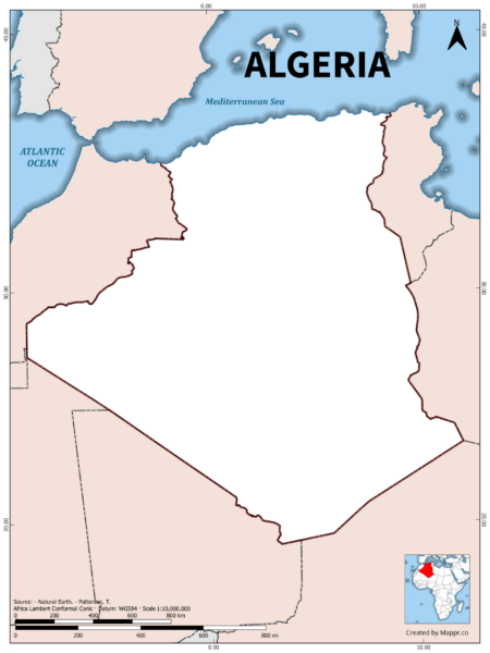 Outline map of Algeria with country borders in color.