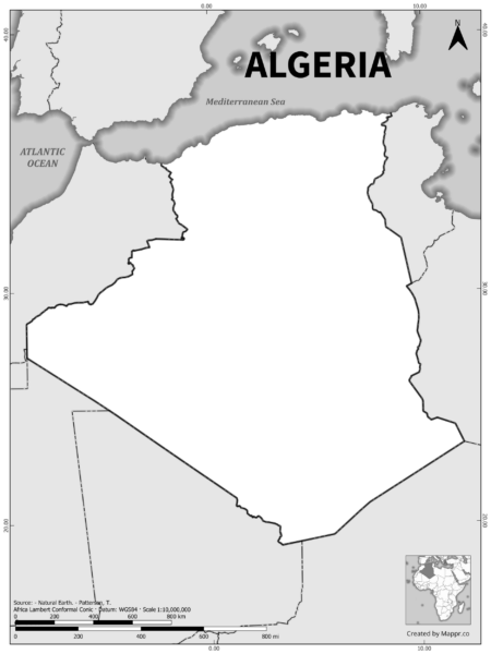 Black and white outline map of Algeria, showing the country's borders.