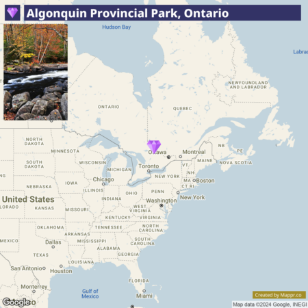 A map highlighting Algonquin Provincial Park in Ontario, Canada, with surrounding areas and major cities, including Ottawa and Toronto. There is also an inset photo of a forested stream with autumn foliage.