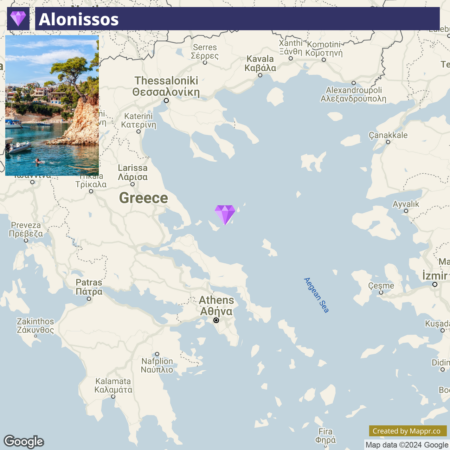 A Google map highlighting the region of Alonissos, Greece, with a purple location marker over Alonissos in the Aegean Sea. Major surrounding cities like Thessaloniki, Athens, and significant landmarks such as the Aegean Sea are visible.