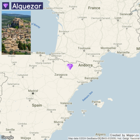 Map highlighting the location of Alquezar in Spain, with a small picture insert of Alquezar village and surrounding landscapes in the upper left corner.