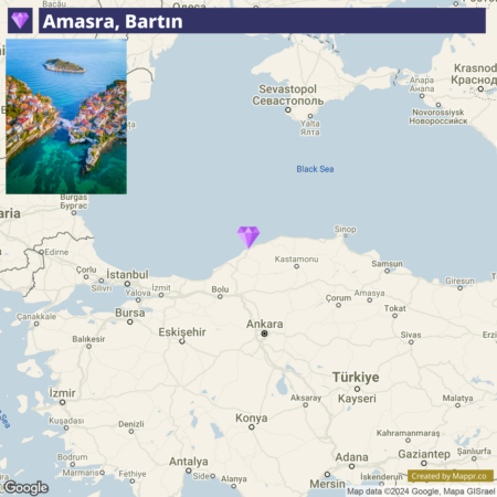 An interactive map showing the location of Amasra, Bartın in Turkey, with a smaller inset photo highlighting Amasra's coastal area.