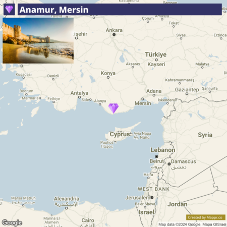 A map showing the location of Anamur, Mersin in Turkey with surrounding countries and cities, accompanied by an inset photo of a coastal scene with ancient ruins.