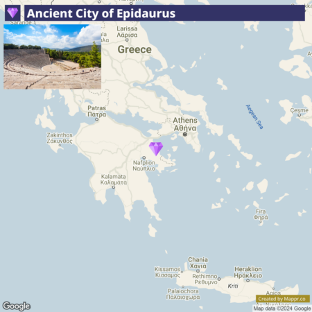 An informational image featuring a dual layout: on the left, a photo of the ancient theater of Epidaurus with tiered stone seating surrounded by trees, and on the right, a map of part of Greece showing the location of the Ancient City of Epidaurus with an icon near Athens. The image has a title "Ancient City of Epidaurus" at the top and is watermarked with 'Google' and attribution text at the bottom.