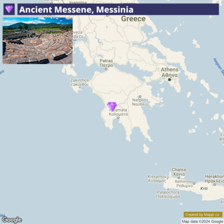 An informational image combining a photograph and a map: the top half shows an ancient amphitheater in Messene, Greece with a caption "Ancient Messene, Messinia," and the bottom half is a map highlighting the location of Messene in the Peloponnese region, with nearby cities such as Patras and Athens visible.