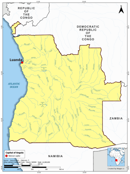 Map highlighting Luanda, the capital of Angola, with country borders, in color.