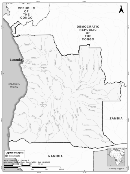 Black and white map highlighting Luanda, the capital of Angola.