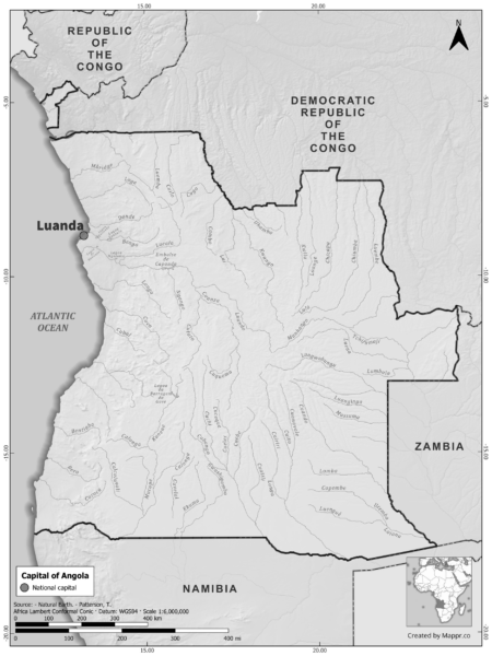 Black and white map of Angola highlighting Luanda as the capital, with neighboring countries.