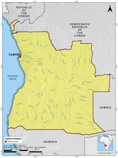 Map highlighting Luanda, the capital of Angola, with surrounding countries and geographical features, in color.