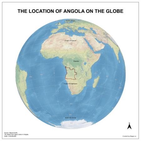 Map showing Angola's location on a globe, highlighted in red on the African continent.