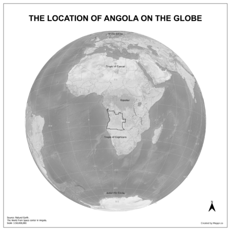Map showing Angola's location on a globe, highlighted in red on the African continent.