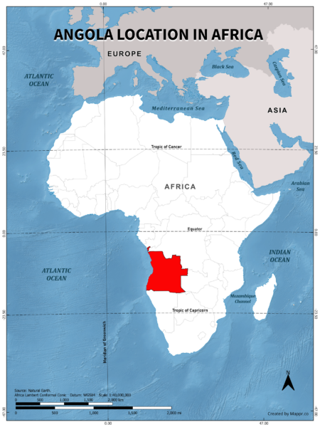 Angola location on world map, color version.