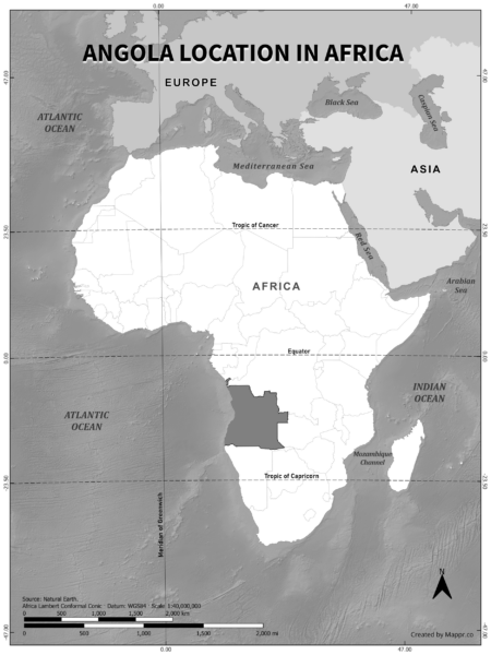 Angola location on world map, black and white version.