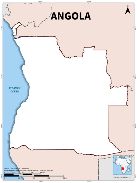 Outline map of Angola with country borders in color.
