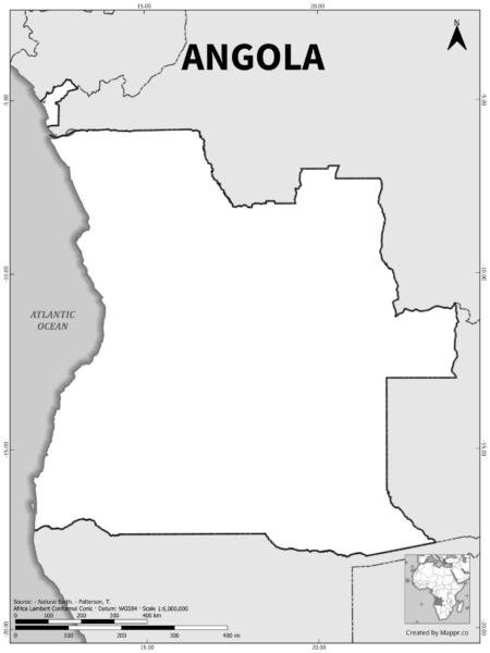 Black and white outline map of Angola, showing the country's borders.