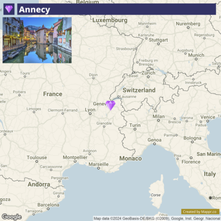 A map highlighting the location of Annecy with a purple marker in the region near the border of France and Switzerland. The inset shows a picturesque view of a canal in Annecy, lined with colorful buildings and reflections in the water at twilight.