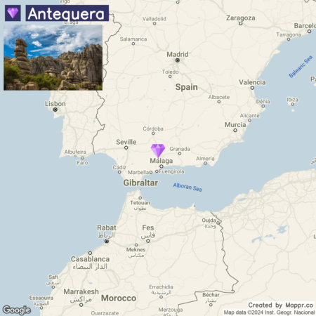 A map showing the location of Antequera in Spain, marked with a purple diamond icon near Málaga, with a topographic inset photo of rock formations in Antequera on the upper left side, and labels of nearby cities and countries.