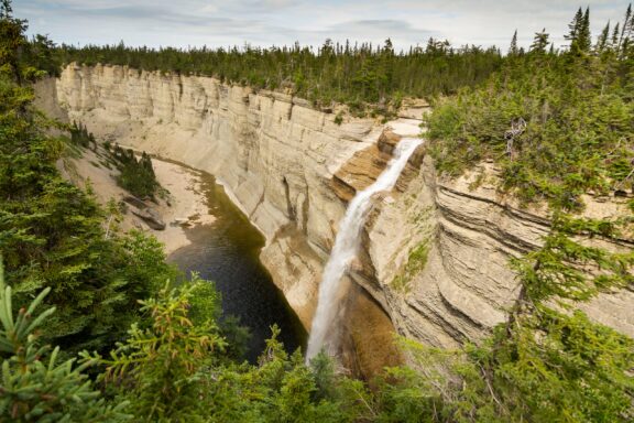 The tall Vaureal Fall and its Canyon, Anticosti Island