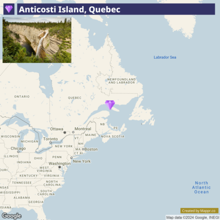 An infographic featuring Anticosti Island, Quebec, with a map highlighting the location of the island in the Gulf of St. Lawrence, and an inset photo showing a cliff and canyon landscape typical of the region.