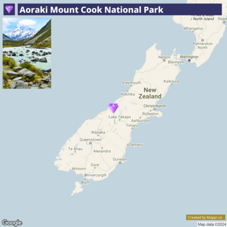 A map highlighting Aoraki Mount Cook National Park on the South Island of New Zealand, with a small inset showing a scenic view of the park with a snow-capped mountain and river.