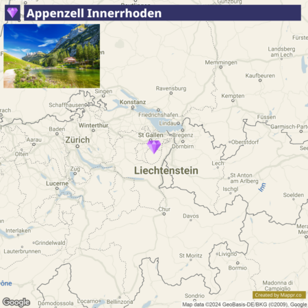 An image featuring a map showing the location of Appenzell Innerrhoden in Switzerland with a top-left inset landscape photo of a green valley and mountain in the region.