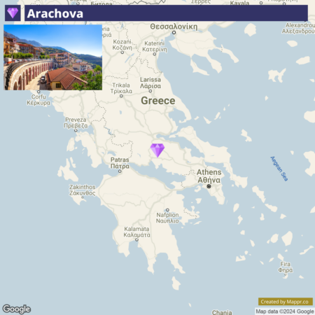 A map of Greece focusing on the central region with a pinpoint labeled "Arachova" near Patras and Athens, overlaying a small photo of Arachova showing traditional houses and a hillside town.