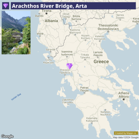 An inset image of the Arachtos River Bridge in a lush green setting on the top left corner, with a larger map of western Greece highlighting the location of Arta with a purple diamond marker.