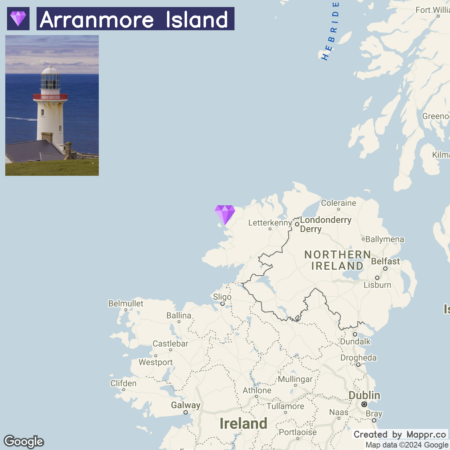 A lighthouse on Arranmore Island with an inset map showing the location of the island on the northwest coast of Ireland.