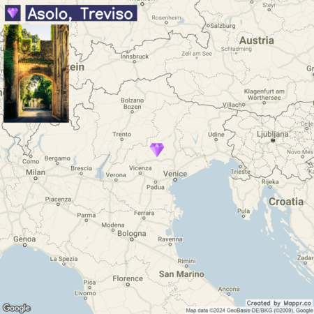 A map highlighting the location of Asolo, Treviso in Italy, with an inset image in the top-left corner featuring a scenic view of a tree-lined path through an old stone archway.