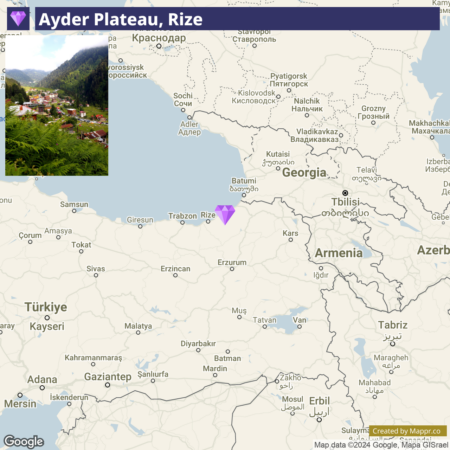 A map highlighting Ayder Plateau in Rize, Turkey, with a geographical focus on the surrounding countries and major cities.