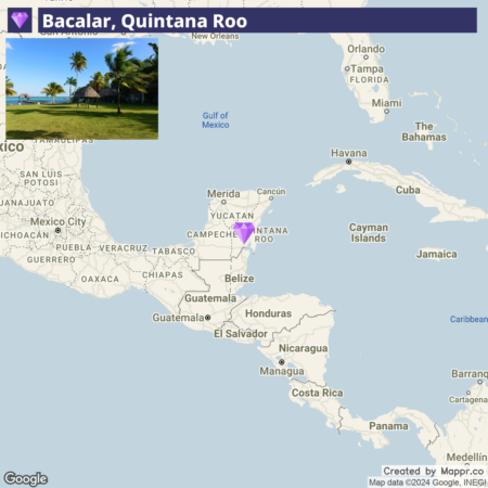 A map highlighting Bacalar in Quintana Roo, Mexico, with a photo of a tropical beach setting in the upper left corner, displaying palm trees and a thatched-roof hut overlooking the water.