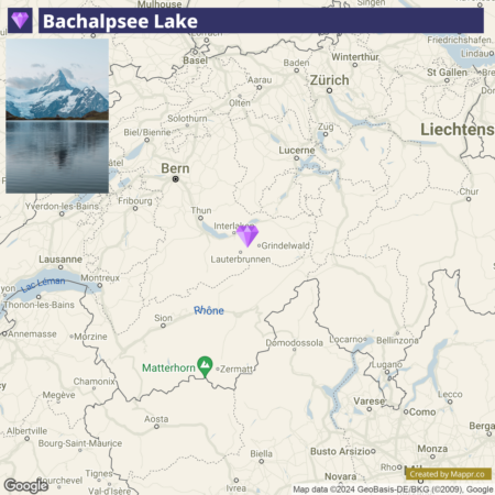 A map highlighting Bachalpsee Lake in the Swiss Alps, with notable locations such as Bern, Zurich, Lucerne, and the Matterhorn marked on the map. There is an inset image in the upper left of the actual Bachalpsee Lake surrounded by mountains.