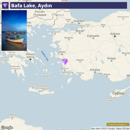 A map showing the geographical location of Bafa Lake near Aydın, Turkey, with an inset photo of a small boat in the lake at dusk.