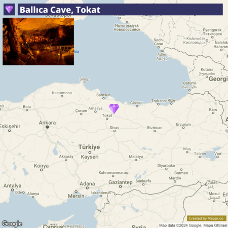 An informational graphic showcasing Ballıca Cave in Tokat, Turkey, with an inset image of the cave's interior featuring illuminated stalactites and stalagmites, and a location map of Turkey highlighting Tokat with a purple marker.