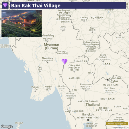 A screenshot of Google Maps featuring the geographic location of Ban Rak Thai Village with an inset photo of the village showcasing traditional houses amidst greenery, illuminated at twilight. The map highlights parts of Myanmar, Thailand, Laos, and China with city names and borders clearly marked. A purple diamond-shaped marker indicates the village's location near the border of Myanmar and Thailand.