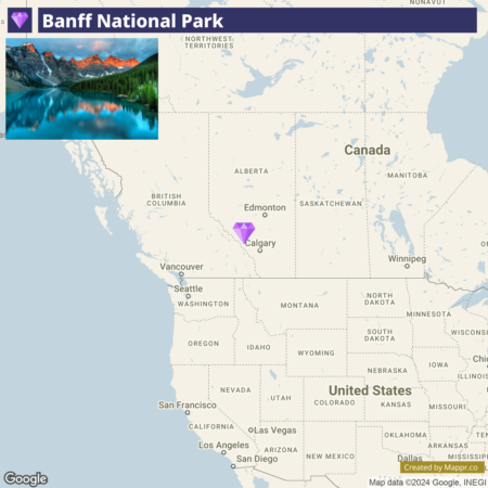 Alt text: Map showing the location of Banff National Park in Canada, with a highlighted area in Alberta between Calgary and Edmonton. The map includes a picture insert of a scenic view of the park featuring mountains and a reflective lake. Major cities and states in the United States and provinces in Canada are also marked for reference.